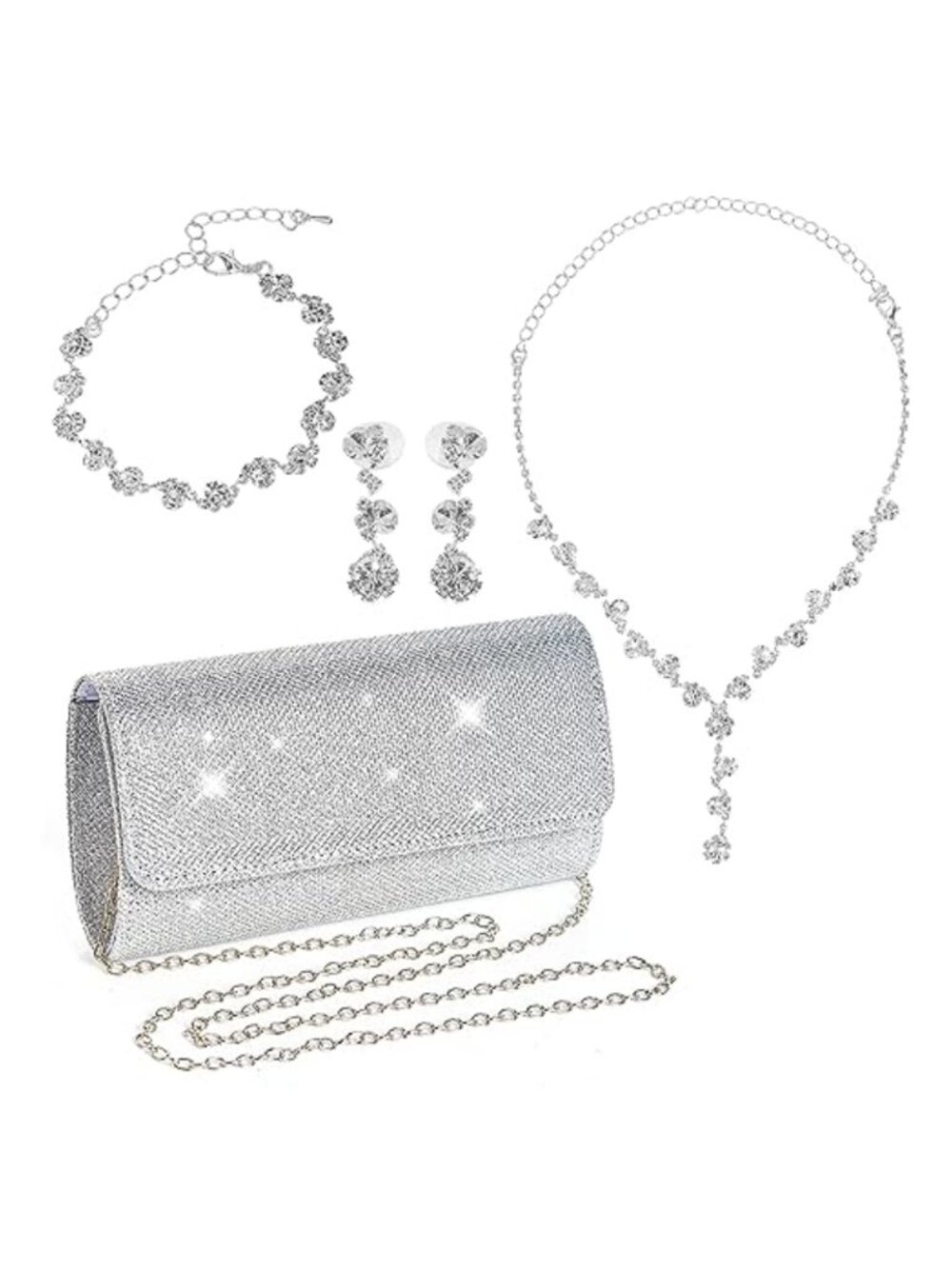 Rhinestone Jewelry Set with Clutch Purse Necklace Earrings Bracelet